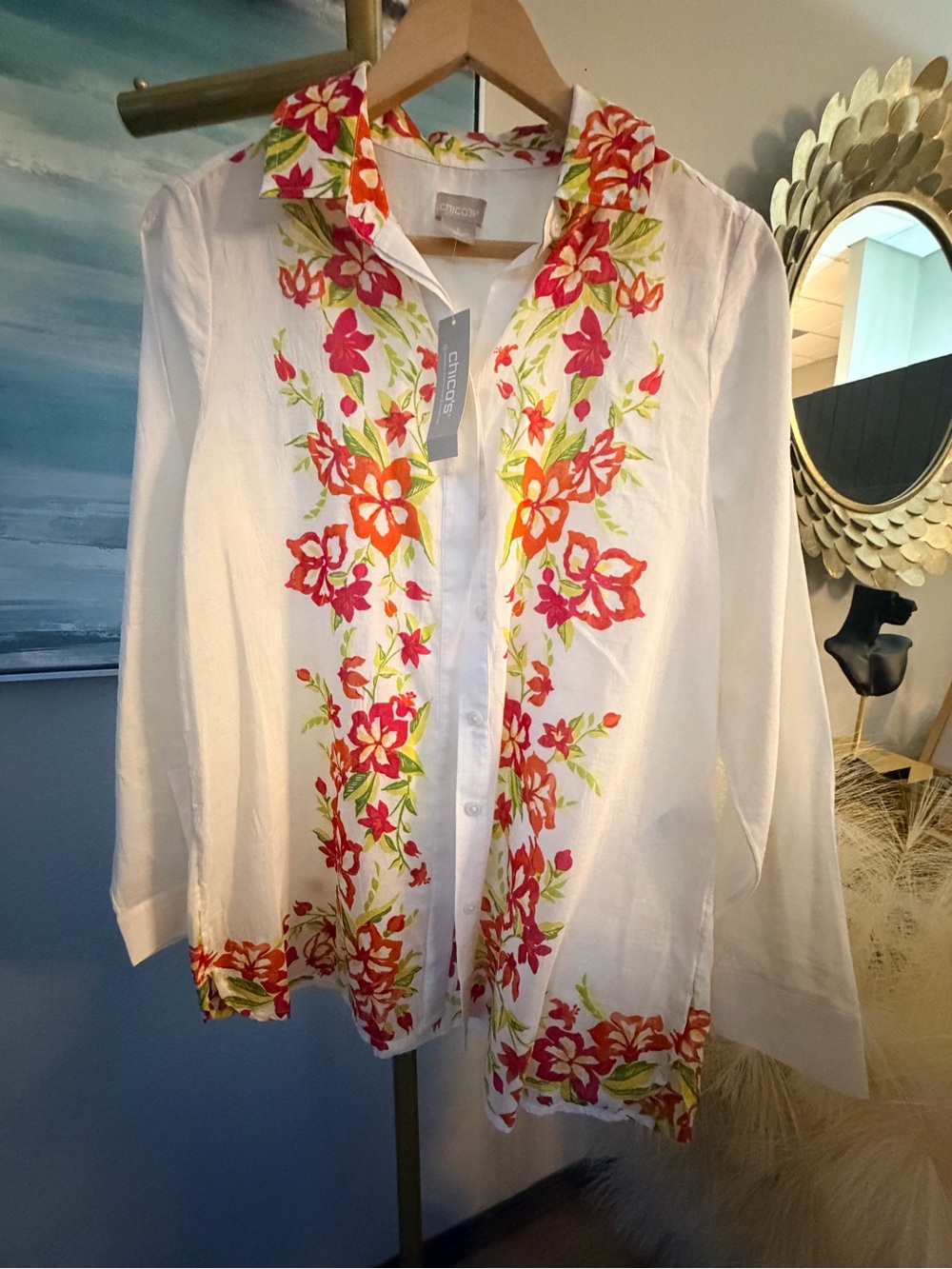 Chico's White Button-Front Blouse with Pink & Orange Floral Detailing